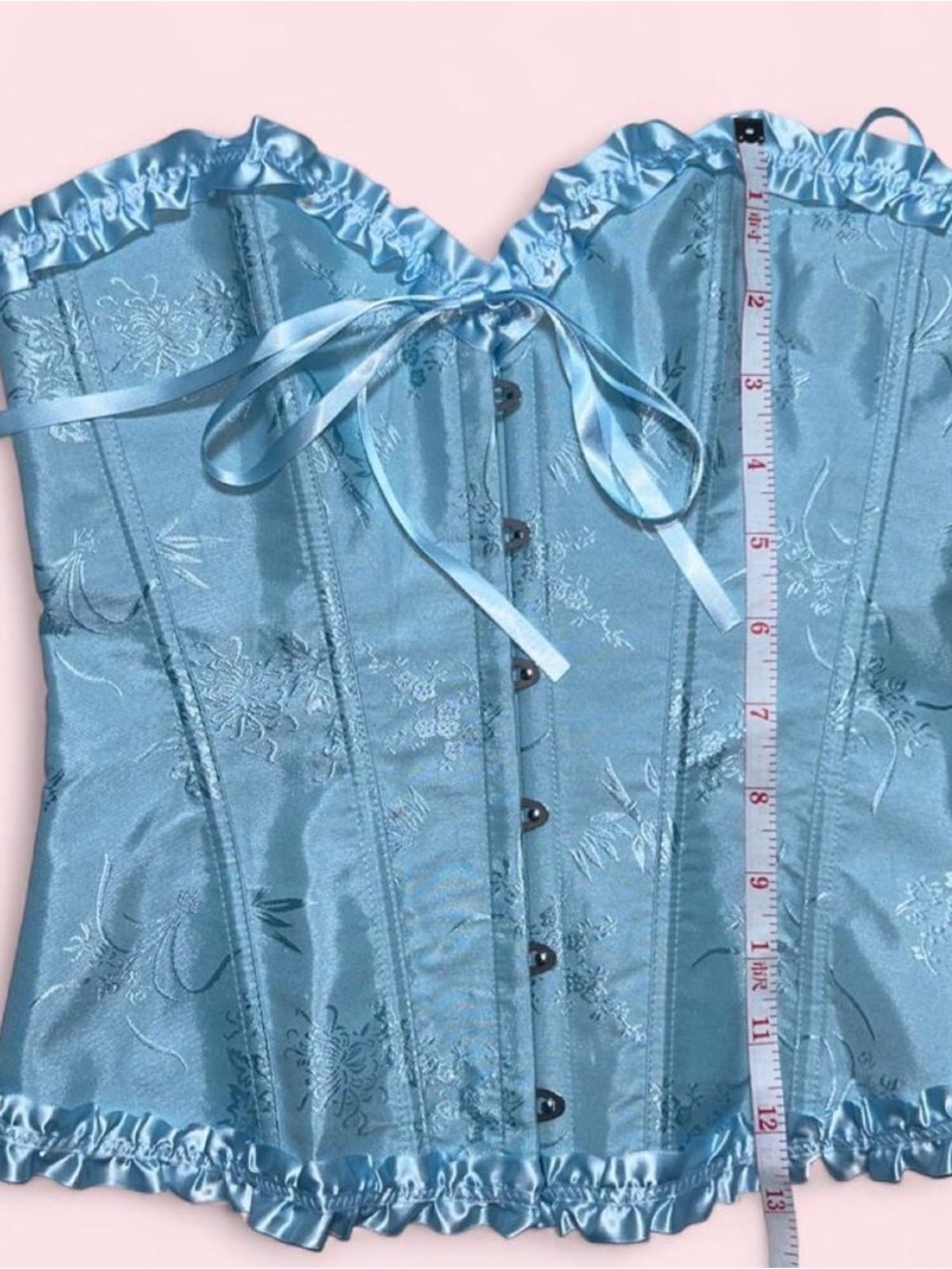 Light Blue Satin Floral Corset Top by SZIVYSHI